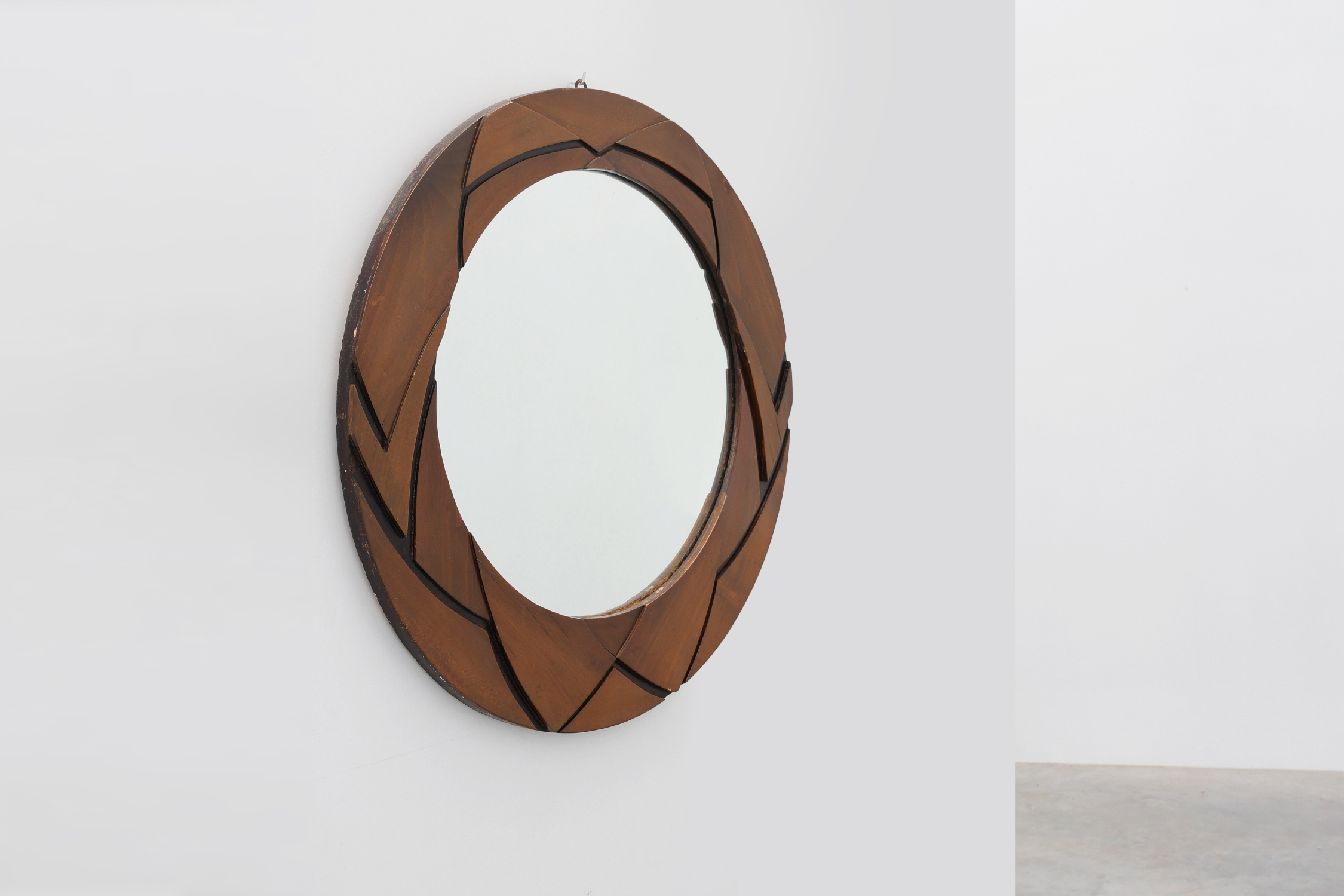 Belgian Art Deco Round Mirror with Geometric Wooden Frame, circa 1920thumbnail